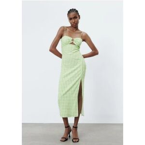ZARA Green Gingham Ring-Front Y2K Cutout Midi Dress Summer L